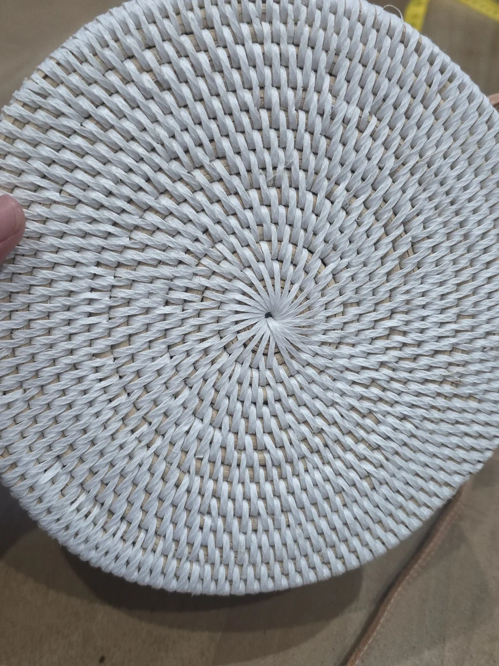 Amerii Handwoven White Rattan Medallion Crossbody Bag with Batik Lining